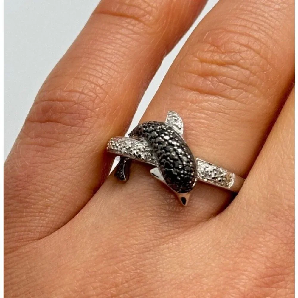925 STERLING SILVER MARCASITE & CZ DOLPHIN RING SIZE 6